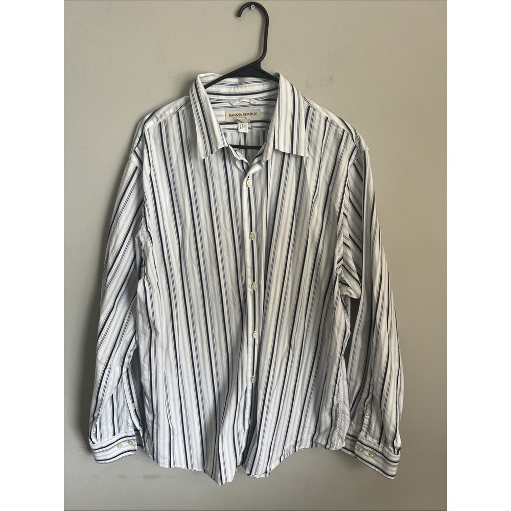 Banana Republic Shirt Mens XXL Blue  White Striped Button Up Long Sleeve 18 18.5